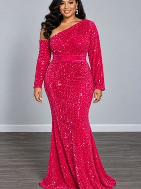 Elegant One-Shoulder Sequin Gown - Hot Pink